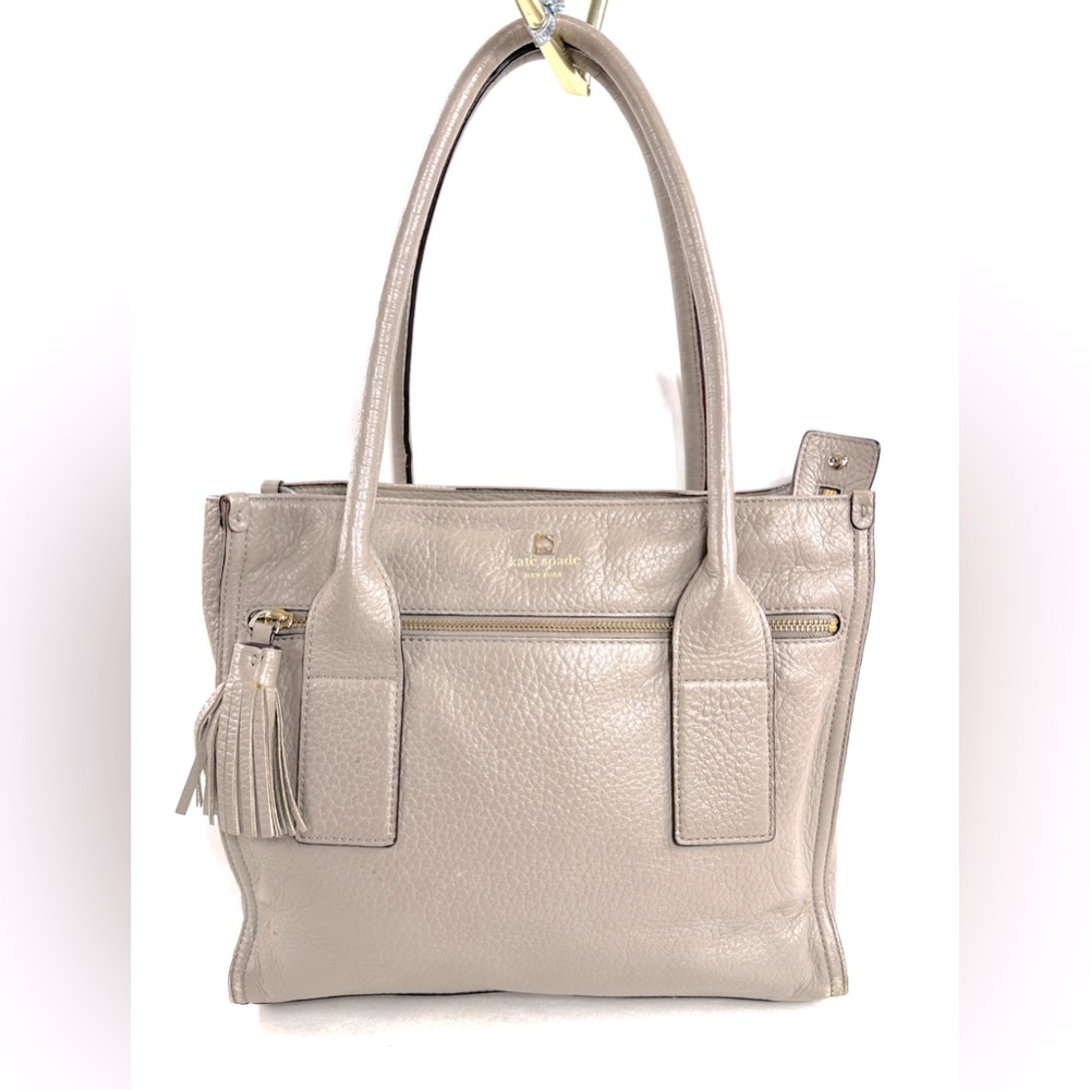 KATE SPADE Taupe Pebbled Leather East West Medium Shoulder Bag Tassel Brass
